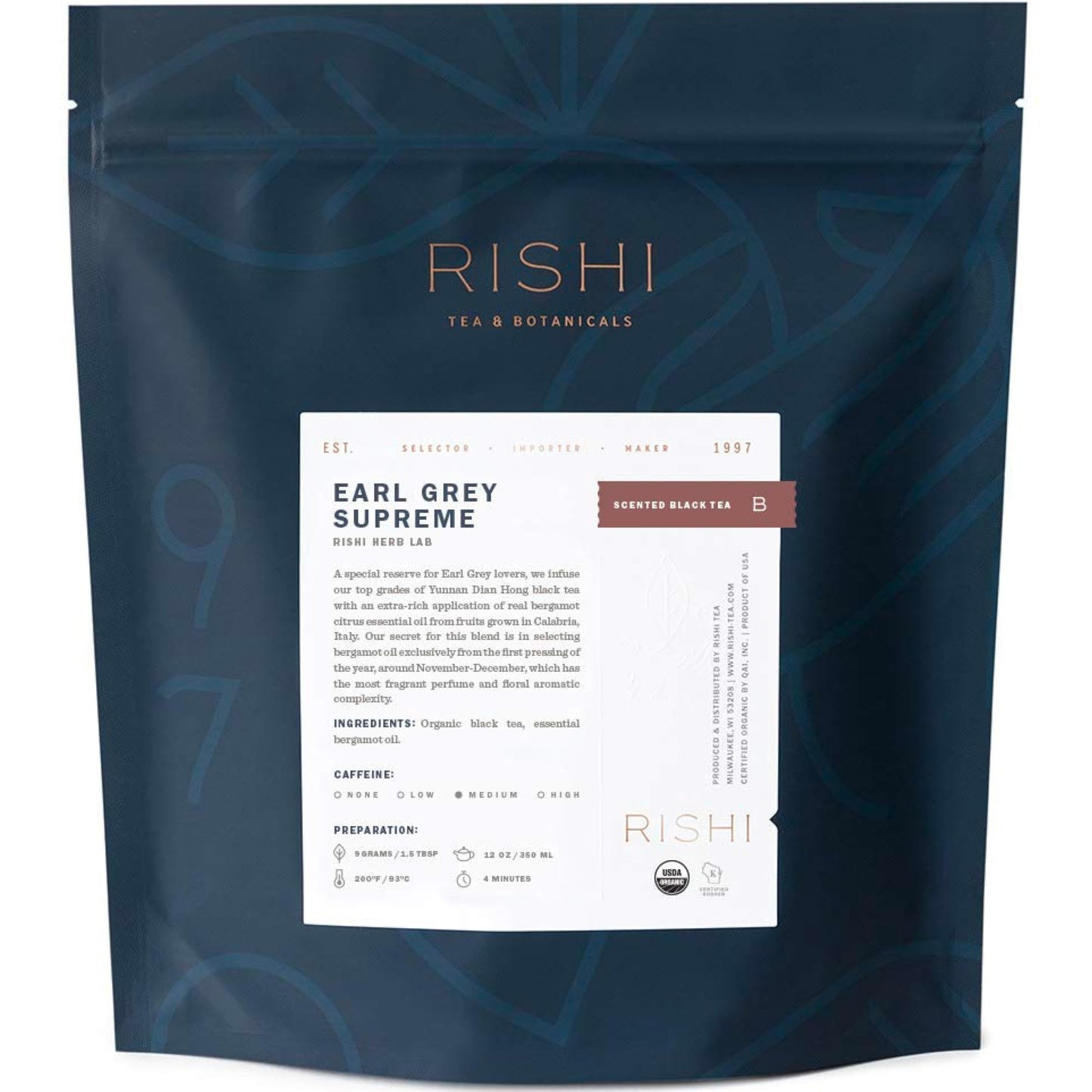 Rishi Tea Earl Grey Supreme Tea - Organic, Caffeinated Loose Leaf Tea with Bergamot Oil and Top Grade Yunnan Black Tea - 16 Ounces, 50+ Servings