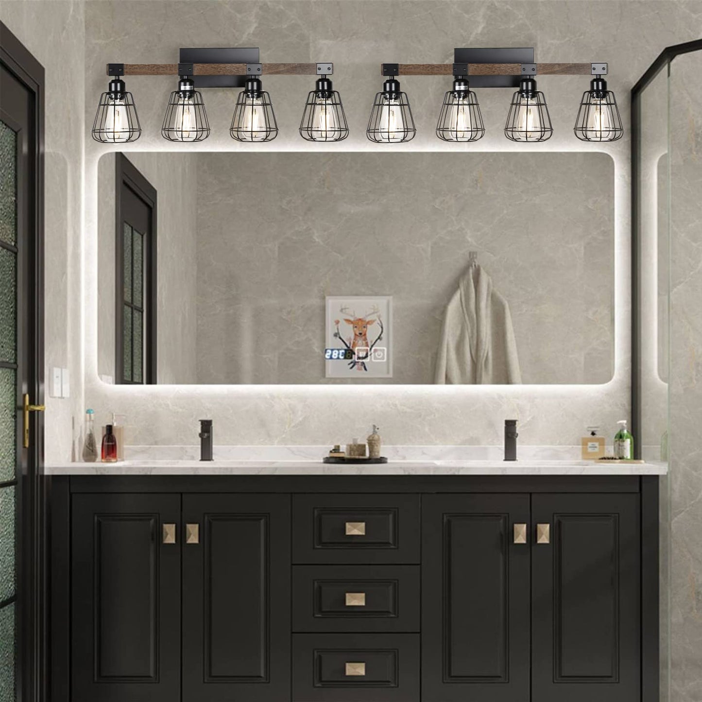 TELAFLY Bathroom Vanity Light Fixture,Rustic 4-Light Wood Wall Light,Industrial Bathroom Lighting Fixture Over Mirror,Modern Matte Black Metal Cage Wall Sconce for Hallway,Kitchen,Bedroom