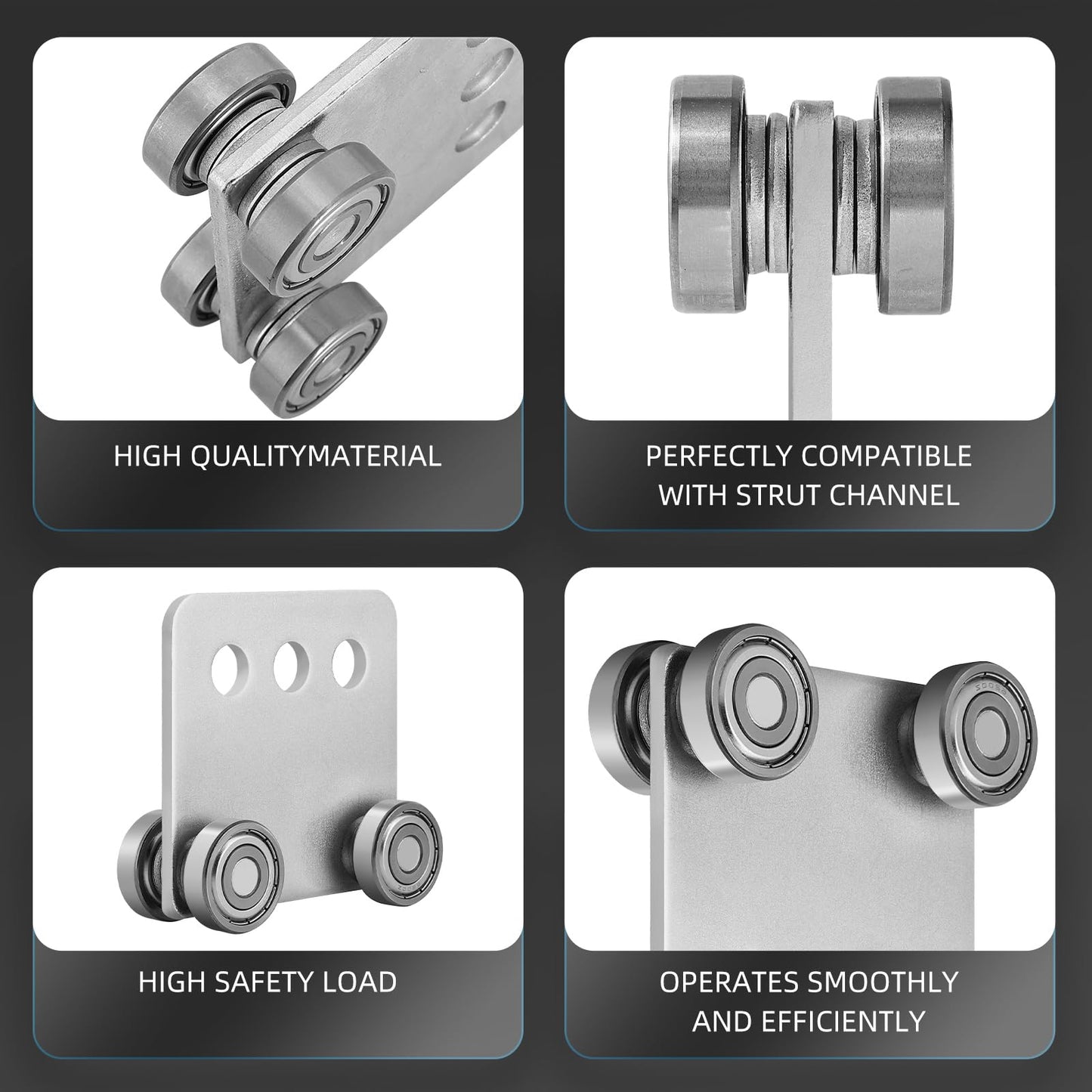4Pcs 4 Wheel Trolley Assembly Rollers Four Bearing Trolley Assembly for 1-5/8" Wide and All 1-5/8" or Taller Strut Channel