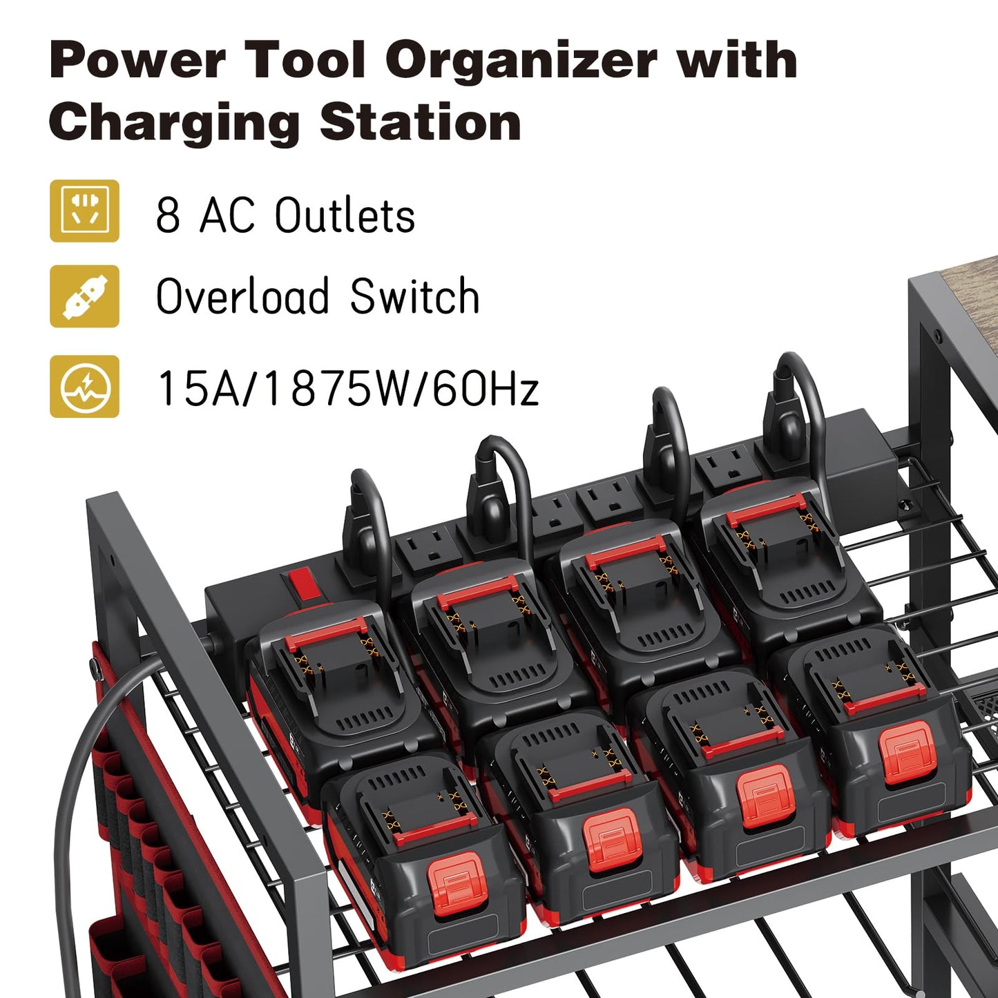 Large Power Tool Organizer Cart with Charging Station, 8 Slots for Cordless Drill Holder with Drawers, Rolling Storage Cart with 8 Power Outlet Heavy Duty Garage Organizer with Wheels for Men