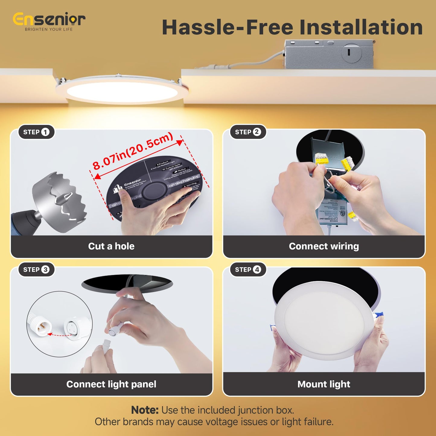 Ensenior 4 Pack 8 Inch LED Recessed Light, Dimmable, 2700K-5000K 5CCT, 1600LM High Brightness, 18W 120V, Damp Rated, Ultra-Thin Canless Wafer Light - ETL & FCC & IC