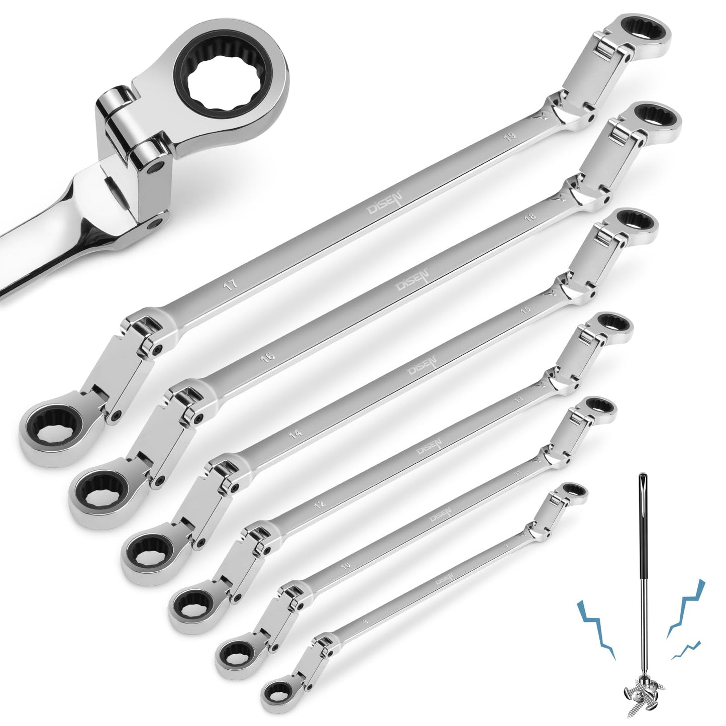 DISEN Double Jointed Extra Long Flex Head Ratchet Wrench Set, 6 PCS Metric 8-19mm Box End Ratcheting Wrench with a Magnetic Pickup Tool Kit, 72-Teeth, Cr-V Steel,12 Point Combination Wrench set