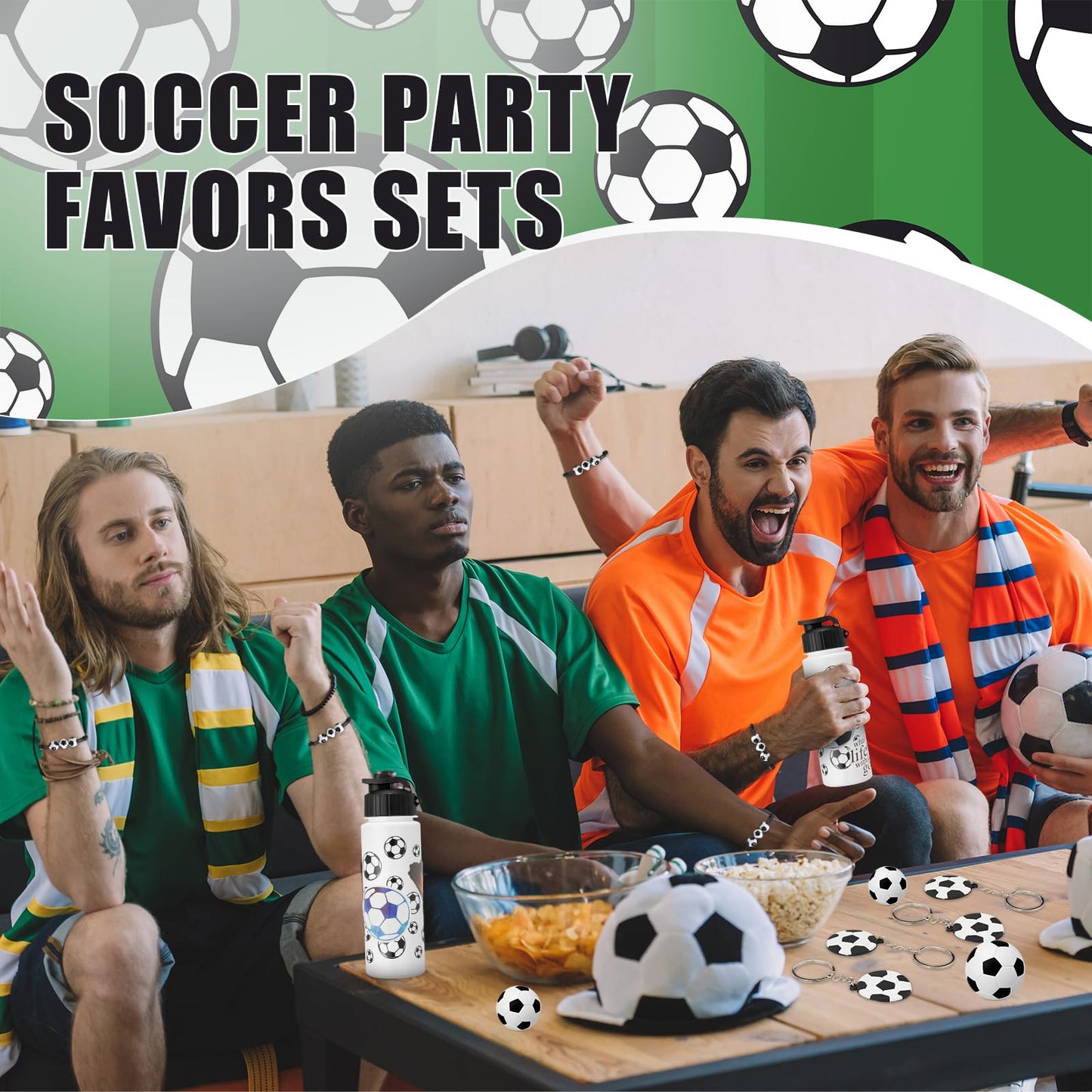 LemonRoad 164 Pcs Sports Party Favors Set 16 Plastic Cups 16 Charm Bracelets 16 Keychains 16 Mini Foam Stress Balls 100 Stickers for Sports Party Supplies(Soccer)