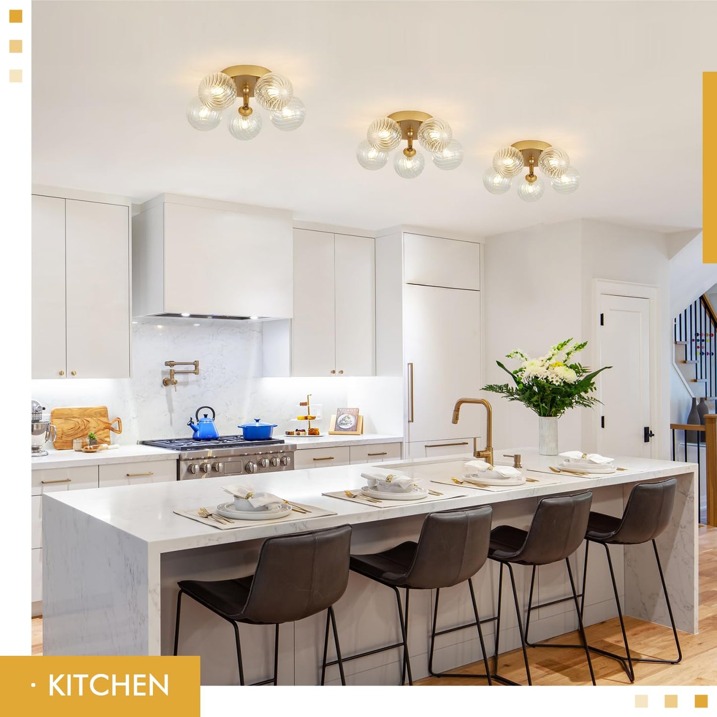 brfaixla Gold Ceiling Bubble Light Fixture Modern 5 Lights Swirled Clear Ribbed Blown Glass Ball Chandelier Semi Flush Mount Lighting Dia 12.6" for Hallway Entryway Kitchen Dining Room