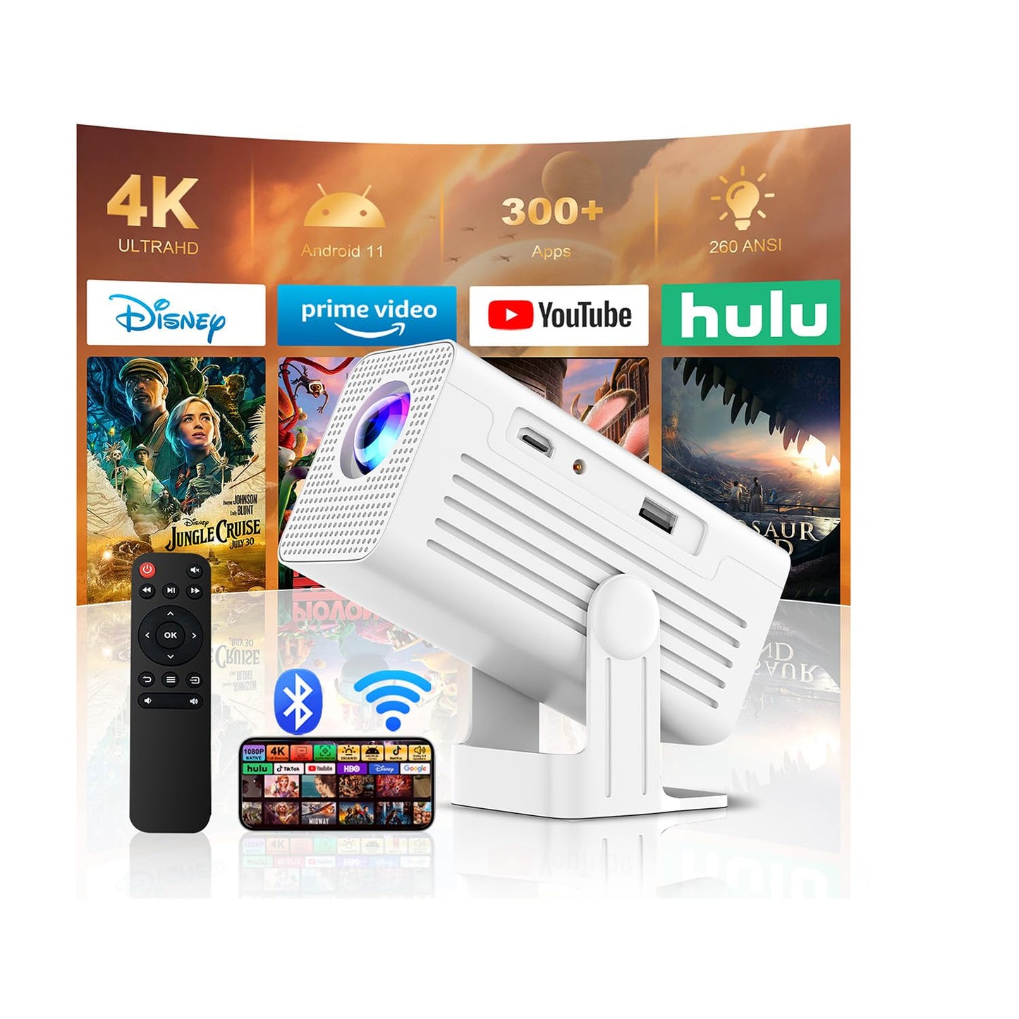 [Smart Projector with Apps] 4K Supported Mini Projector with Wifi and Bluetooth, XENPONAD Movie Projector for Bedroom Celling Camping & Outdoor Use, Portable Projector with Speaker, Auto Keystone