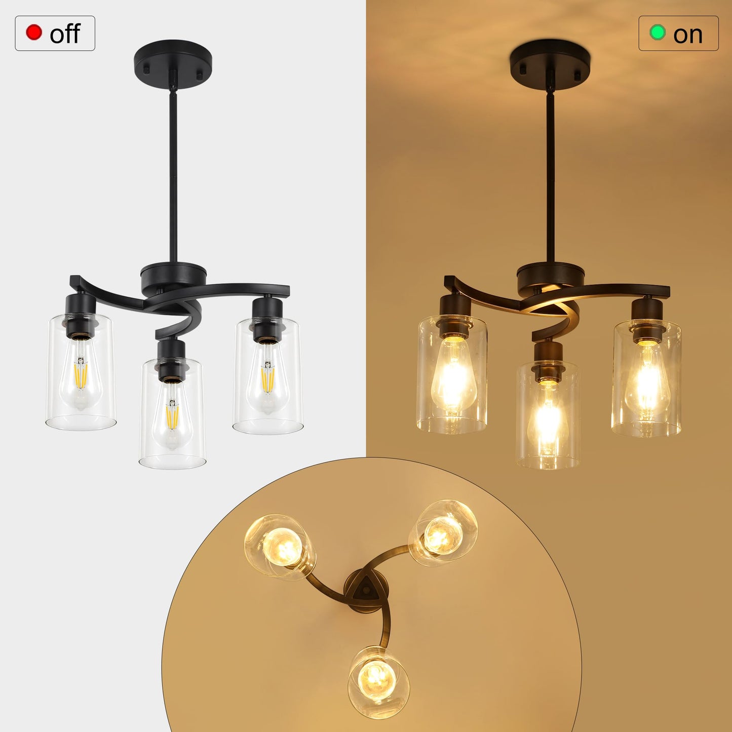 Syltherra 3 Light Modern Dining Chandeliers Over Table，Black Light Fixture for Dining Room，Farmhouse Chandelier with Glass Shade，Industrial Pendant Lights Kitchen Island，Foyer,Hallway, Bedroom