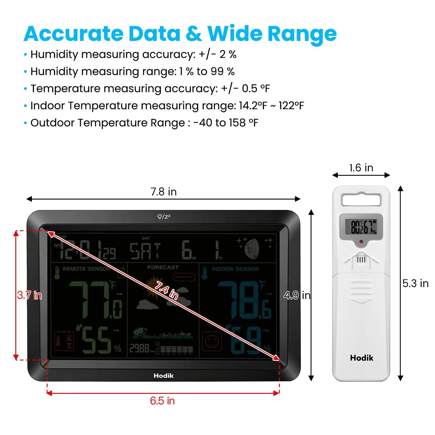 Weather Station Atomic Clock Indoor Outdoor Thermometer Wireless, Barometer Humidity Temperature Monitor Hygrometer with High Precision Sensor Black