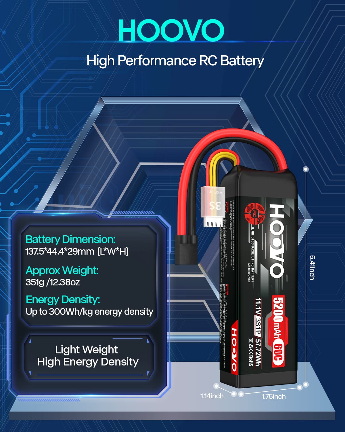 HOOVO 11.1V 3S LiPo Battery 5200mAh 60C with Tr Plug for RC Car RC Truck Airplane Helicopter Boat Car Racing RC Hobby, 2 Packs