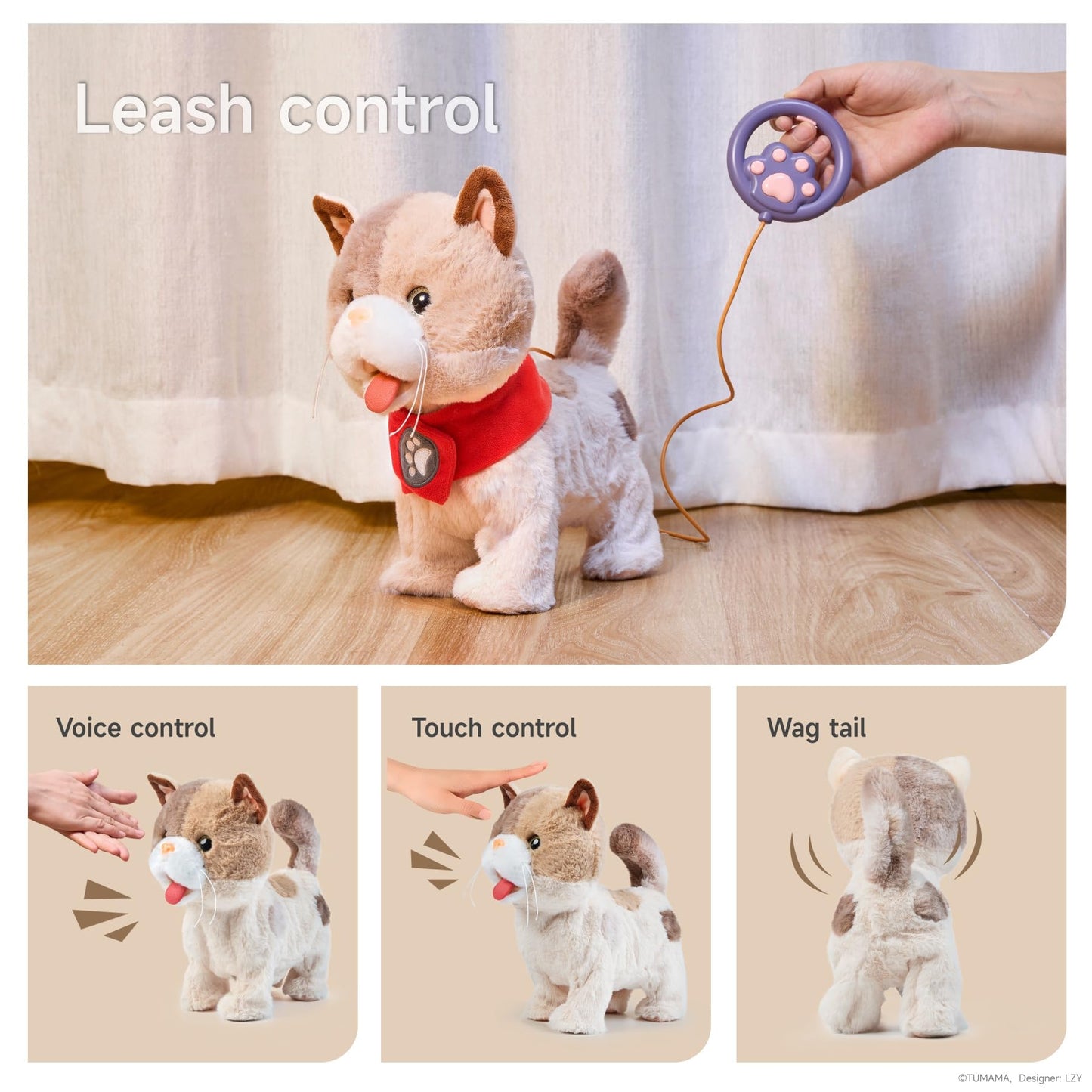 TUMAMA Toy Cat for Kids, Cute and Realistic Kitty Toy that Walks, Meows, Tongues Out and Wags Tail, Interactive Electronic Cat Plush Toy with Leash, Best Gift for Boys and Girls Ages 3 4 5 6 7