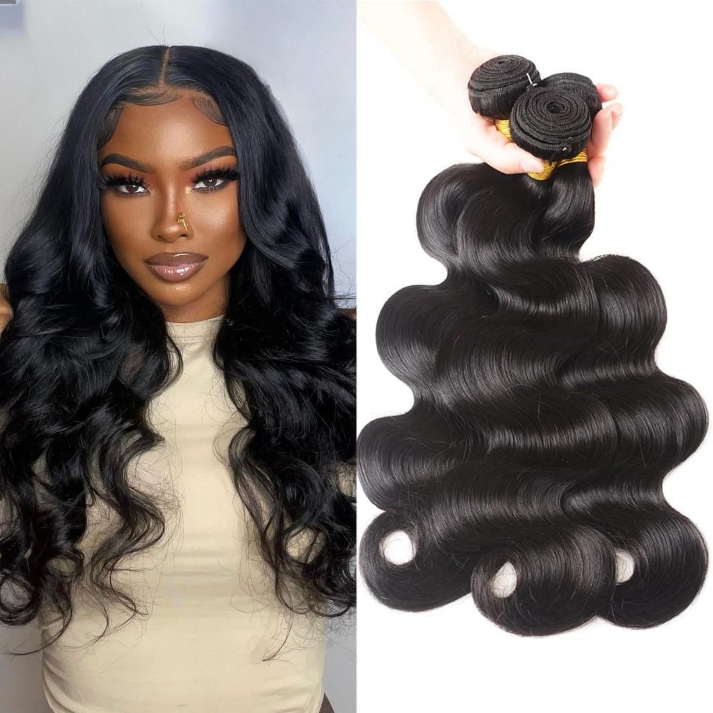 Body Wave Bundles Human Hair 14 16 18 Inch 100% Unprocessed Brazilian Human Hair 3 Bundles For Black Women Body Wave Hair Extensions Natural Color