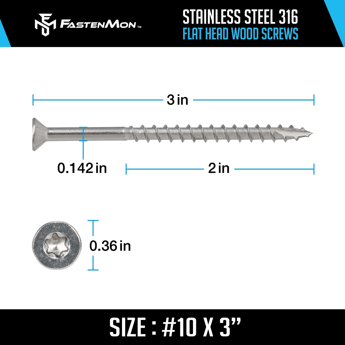 FM FastenMon #10 x 3 Marine Grade Type 316 Stainless Steel Wood Screws - 300 Pack with T25 Bit – Torx Flat Head Type 17 Point Ideal for Decks, Fences, and Coastal Construction