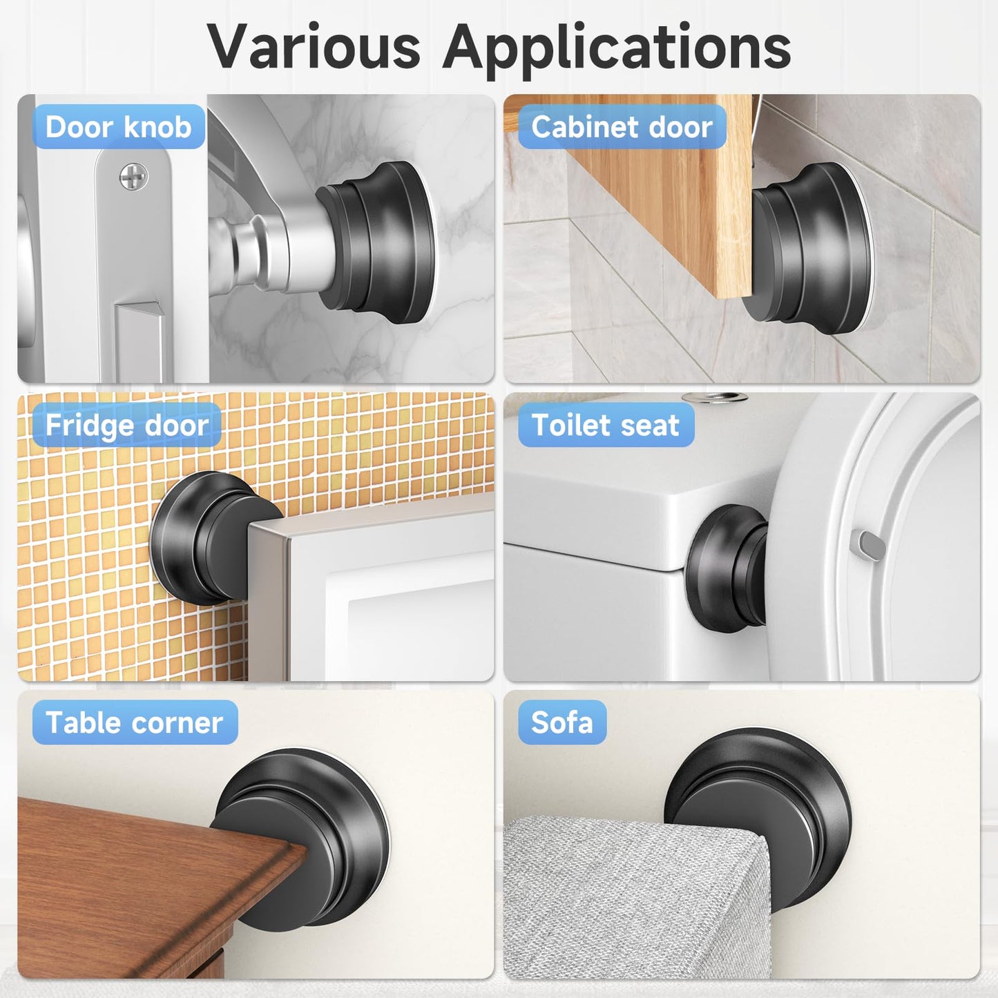 4PC Door Stoppers for Wall, 1.65 x 0.9 Inch Door Knob Wall Protector with Silicone & Aluminum Alloy, Adhesive & Screw Mounting Door Bumper for Home & Office Walls, Black