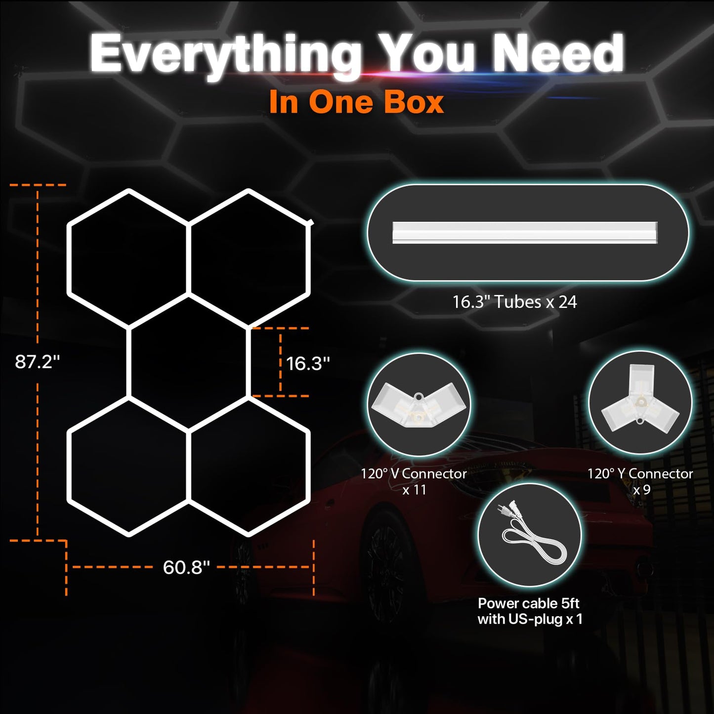 Litezone Hexagon Garage Lights : 3 Level Dimmable 168W Tube 5 Grids Hexagon LED Lights - Easy Install 6500K Super Bright Hex Lights for Garage, Home Gym, Shop, Workshop, Basement, Studio