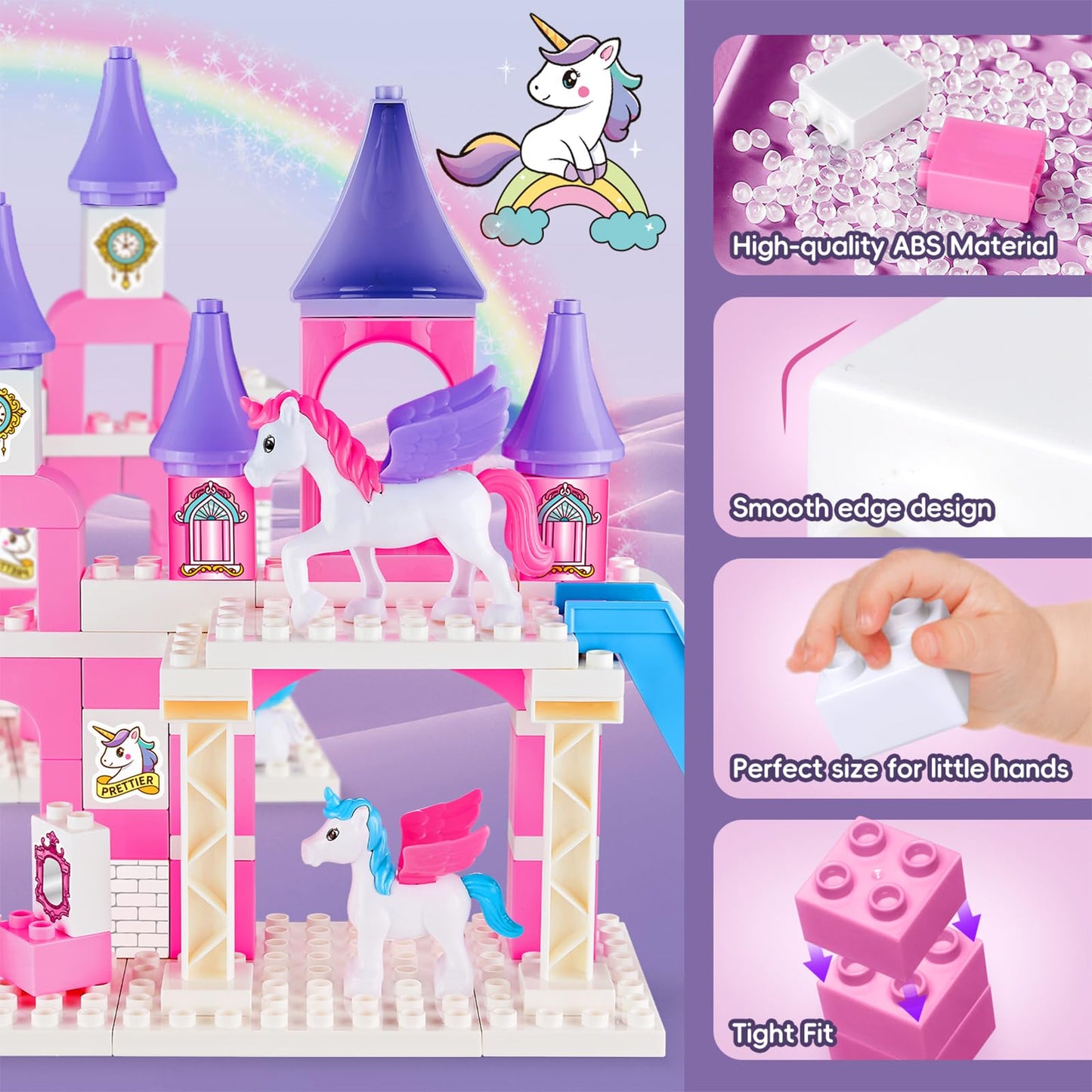 Classic Building Blocks for Toddlers - Compatible with Major Brands, Unicorn Theme Princess Castle & Number Trains Classic Bricks, Creative Educational Buildable Kits for Girls Boys Ages 3, 4, 5, 6-12