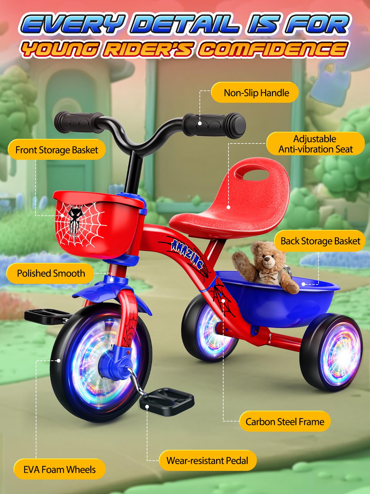 Tricycle Spider Bike Baby Balance with Colorful Lighting Wheels & Large Basket