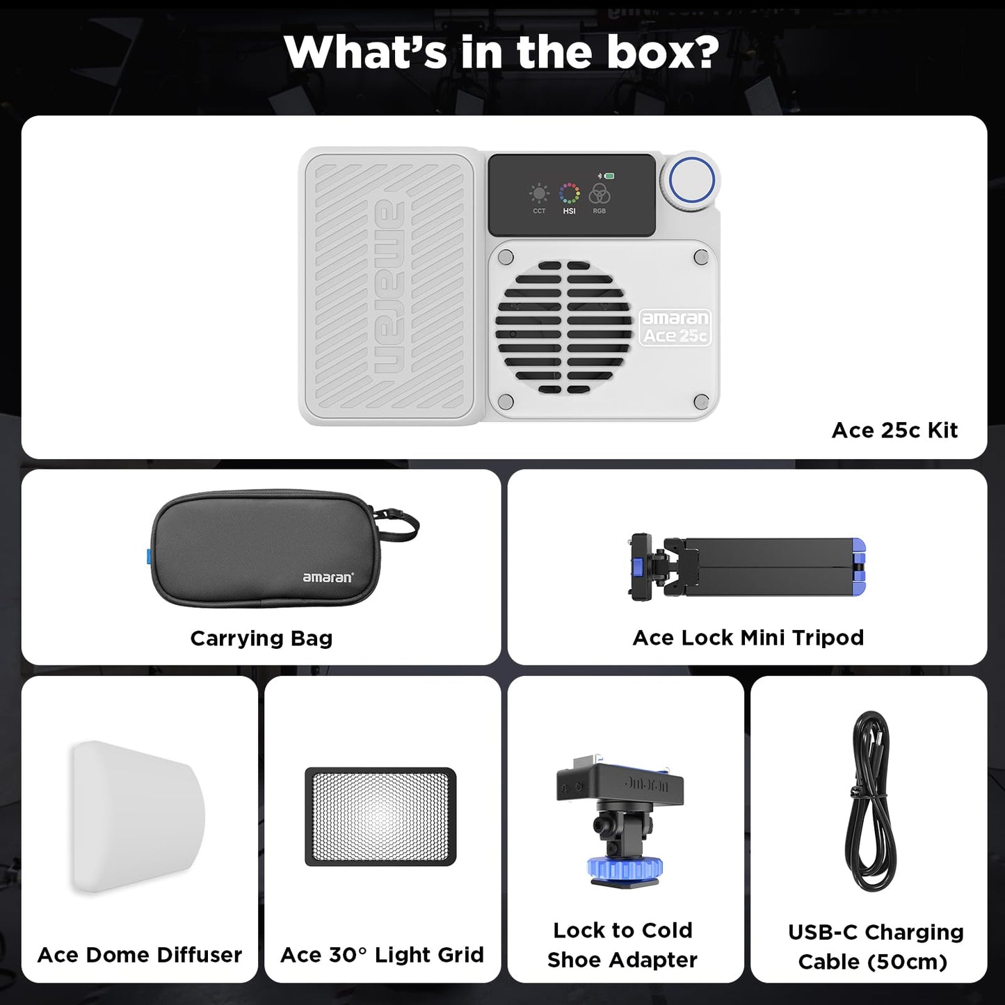 Amaran Ace 25c Kit, Pocket RGBWW LED Light, Boost Mode Up to 32W, Full-Color Mini Video Light (2,300-10,000K), 1,500 Lux@1m at 5,600K, 4500mAh Battery with PD Charging for Mobile Creators (White)