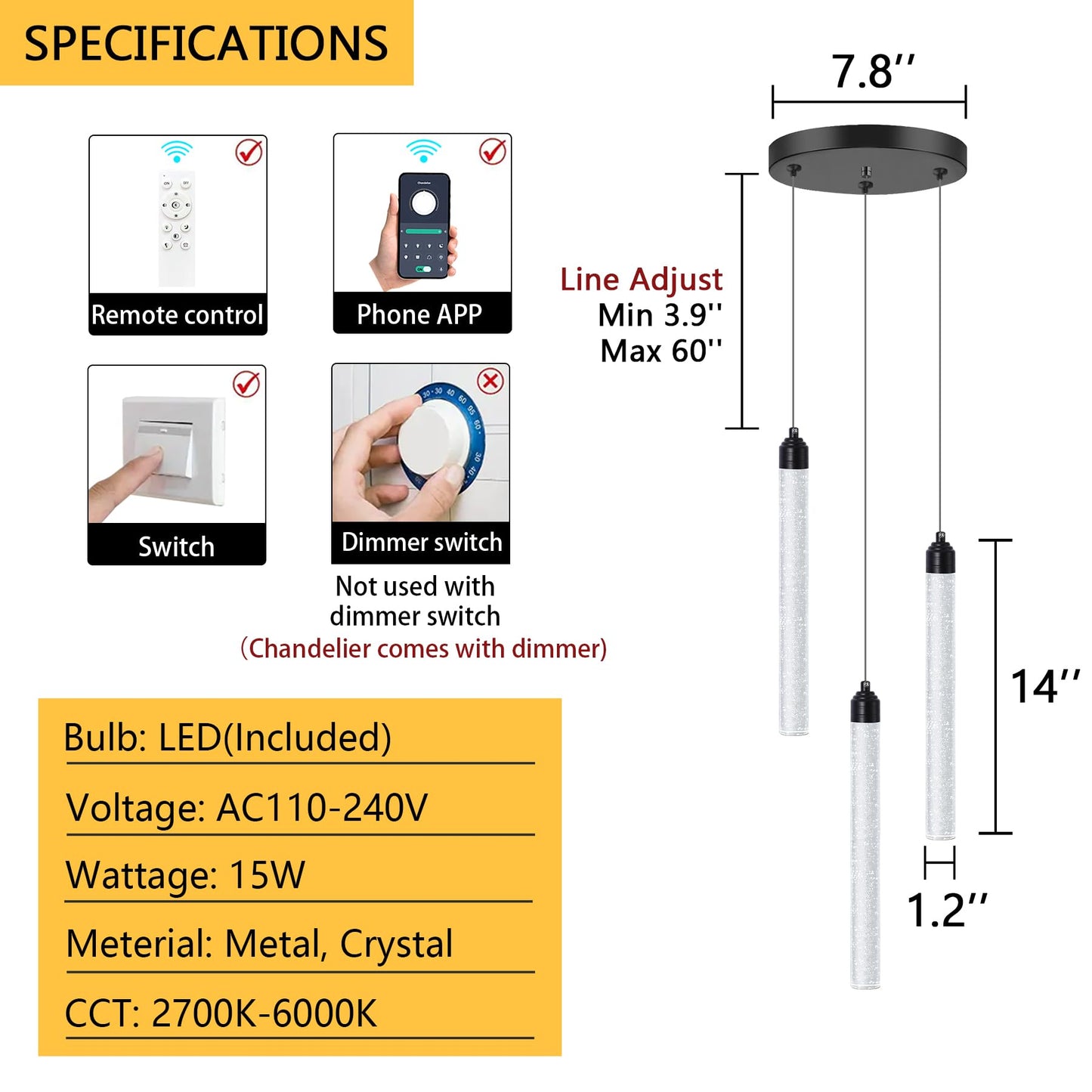 3 Light Black Pendant Lighting Mini Chandelier for Kitchen Island Modern Crystal LED Pendant Light Adjustable Dimmable Pendant Light Fixture for Dinning Room Bedroom Ceiling Hanging Lights 2700K 6000K
