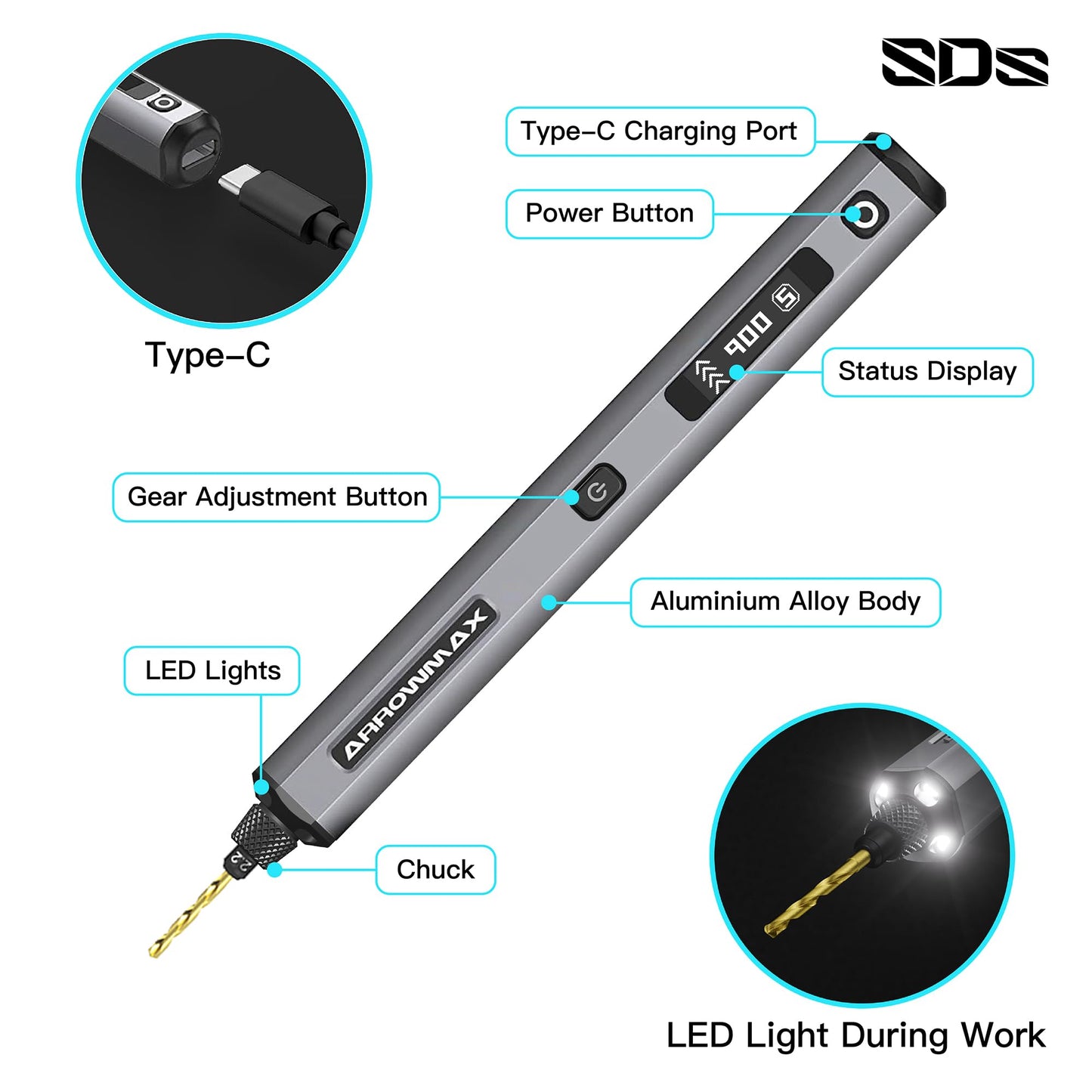 AM ARROWMAX Mini Drill Pen, 5-Speed, LED Lights, OLED Display, Resin Drill Set With 10 Small Bits, Aluminium Box, For Jewelry Making, Wood, Plastic (SDS)