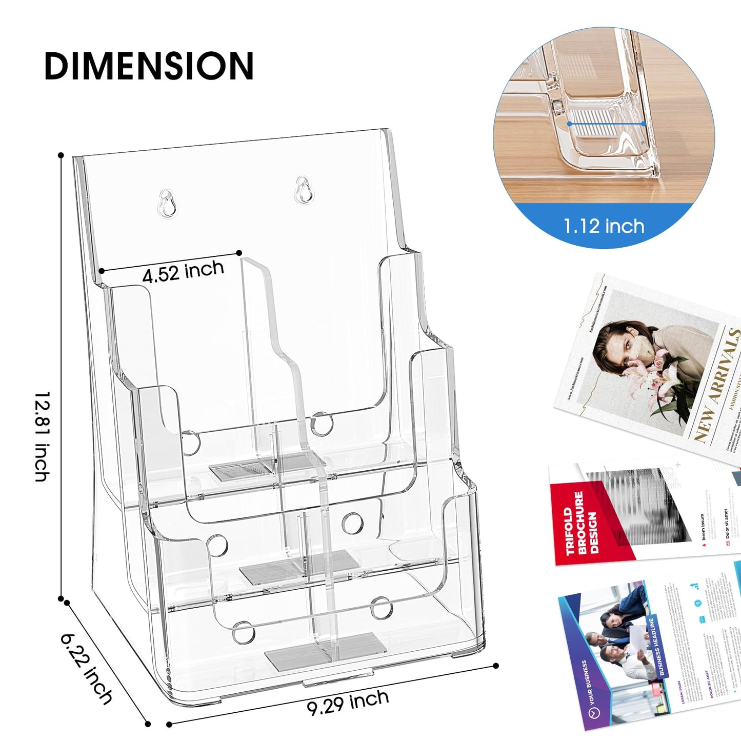 KTRIO Acrylic Brochure Holder 8.5x11 Inch, 3 Tier Literature Display Stand Clear Magazine Holder with Removable Divider for 4-inch Pamphlet, Flyers, Trifold Booklet, Wall Mount & Countertop, 2 Pack