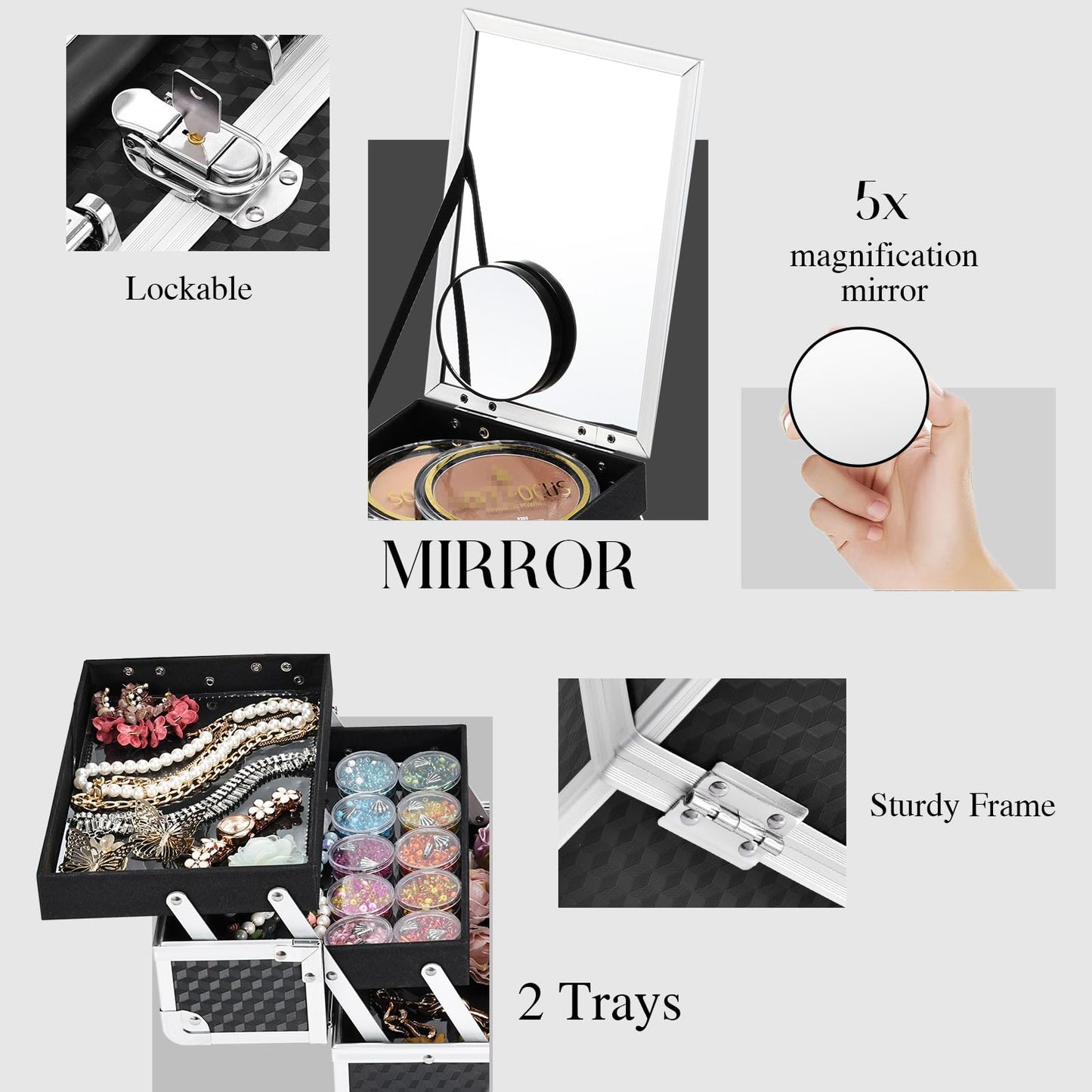 Joligrace Makeup Box Cosmetic Train Case Jewelry Organizer Box - 2 Trays Key Lock Portable Carrying with Mirror Travel Storage Modern Style Black