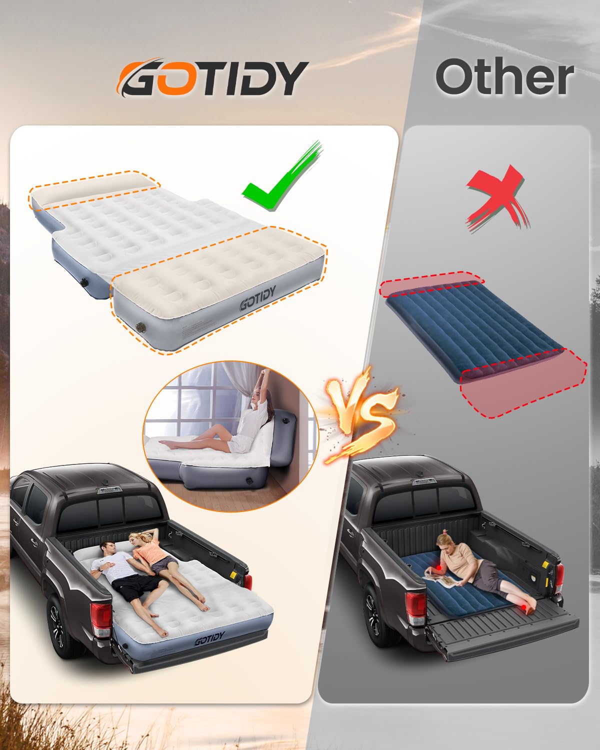 GOTIDY Short Truck Bed Air Mattress 5-5.5ft for Mid-Size Pickup with Tailgate Extension, Truck Bed Mattress for Tacoma Jeep Gladiator JT,Wired Air Pump, Oversized Carry Bag, Integrated Pillow