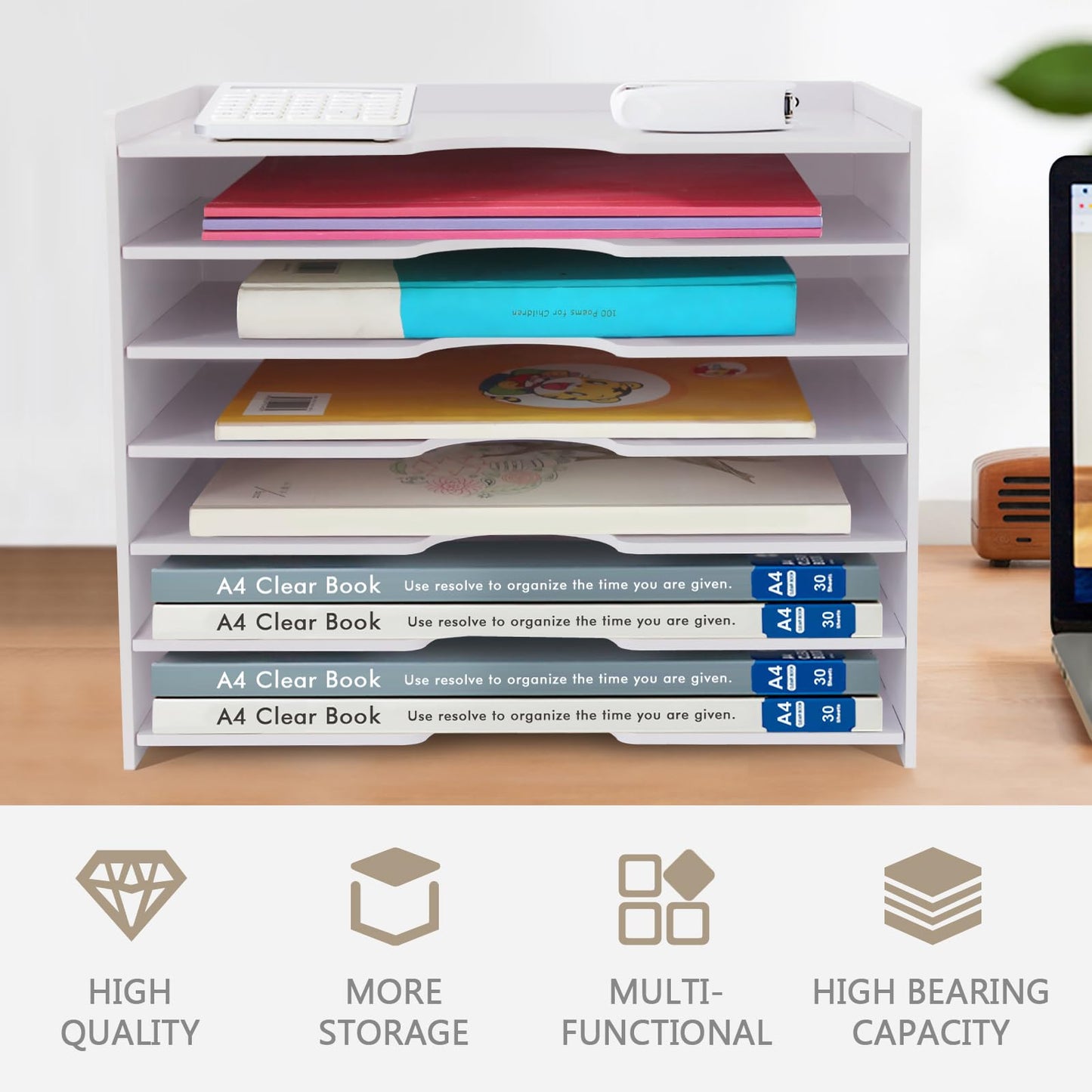 SONGWAY File Organizer for Desk - 7 Tier Wide Document Holder, Letter Mail Tray Storage Rack, A4 Paper Storage Holder, Desktop Organizer for Home Office School, White