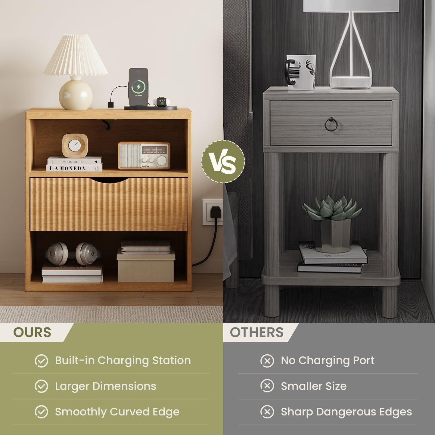 LAKEMID Fluted Wood Nightstand with Charging Station,24" Night Stand with Lights,Bedside Tables with Drawers,Bed Side Table for Bedroom,Natural Oak
