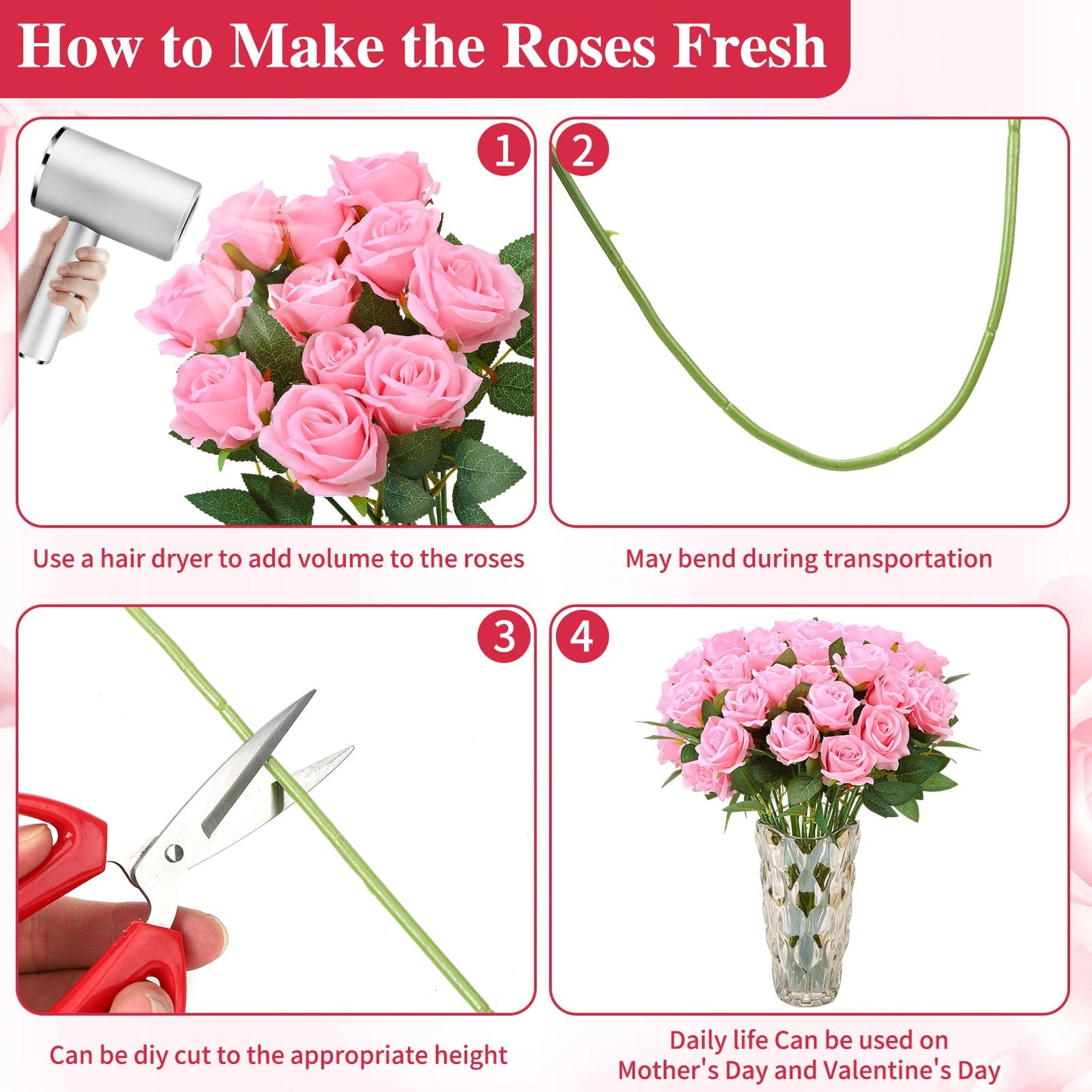 Ovveroche 80 Pcs Roses Artificial Flowers, Silk Pink Artificial Flowers Petals Long Stem Roses for Wedding Bouquet Home Party Decor