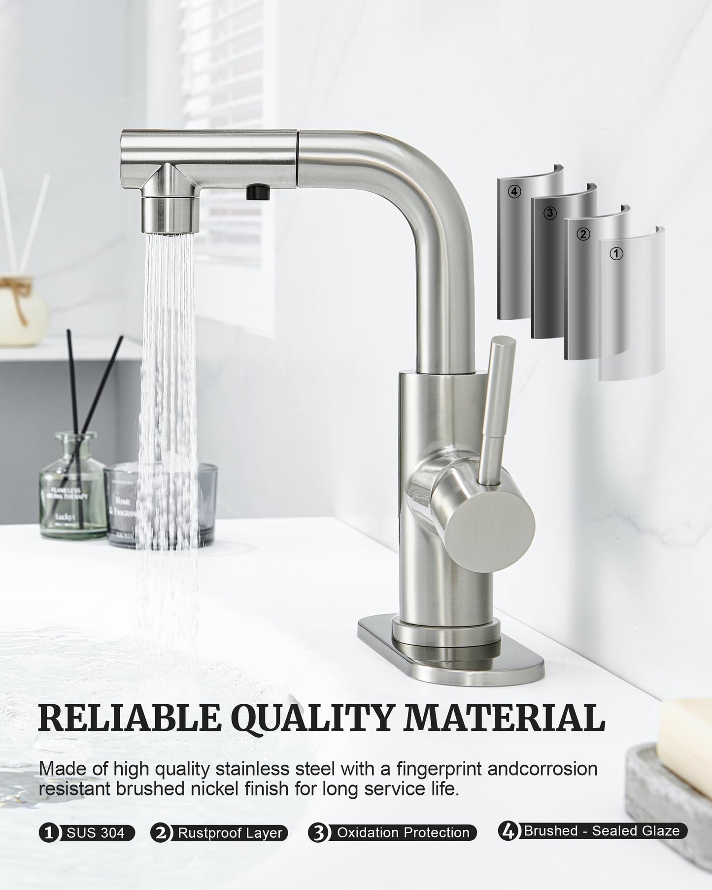 Ultimate Unicorn Bathroom Faucet with Pull Out Sprayer, Brushed Nickel Single Handle Bathroom Faucet for 1 or 3 Hole Bathroom Sink, Pull Down Bathroom Sink Faucet with Rotatable Spout Pop Up Drain