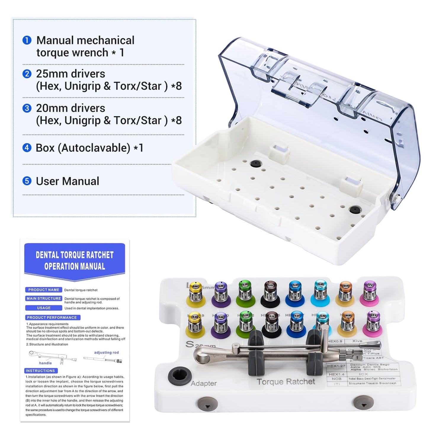 4E 4E'S USA Dental Implant Torque Wrench Set: Universal Prosthetic Kit with Torque Adjustable Ratchet & Screwdrivers 16pcs, 10-70Ncm, Fully Autoclavable