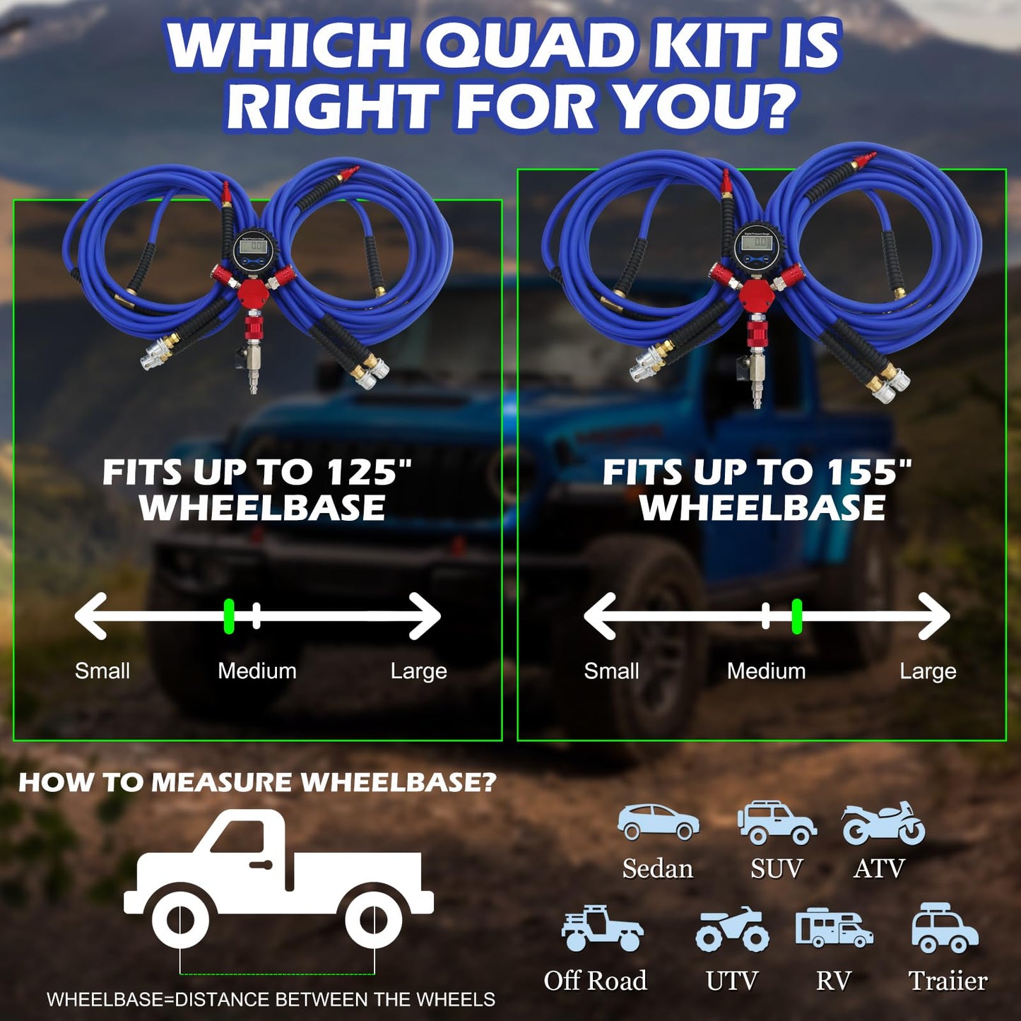 4 Tire Inflation Deflation System, Fits Up to 125" Wheelbase, Rapid High Flow 4 Way Tire Inflator Hose Kit, Universal Tire Pressure Equalizer Kit with Manifold, Digital Gauge, and Storage Bag