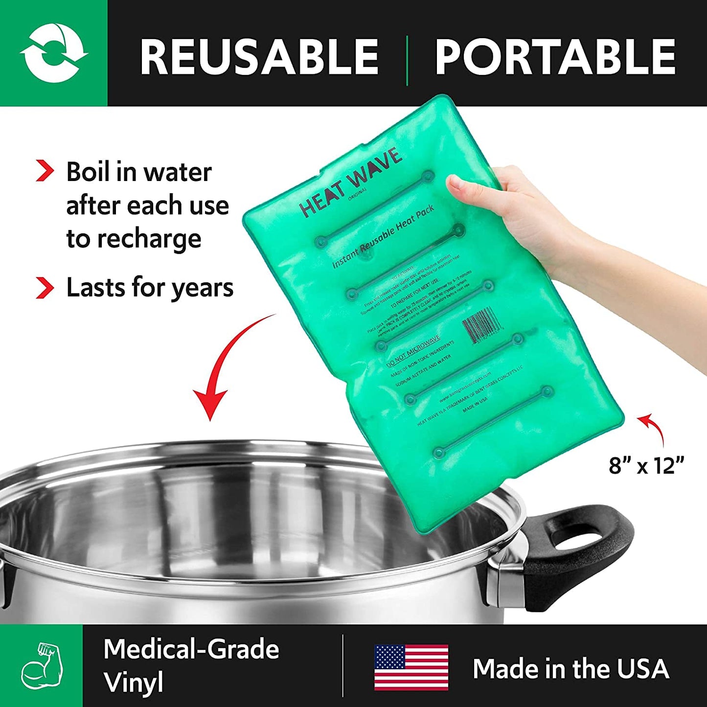 HEAT WAVE Instant Reusable Heat Pack- Medical Grade (8x12) Stiff & Sore Muscles,Pain Relief, Hiking and Camping Warmth Made in USA Large Clear 2-Pack