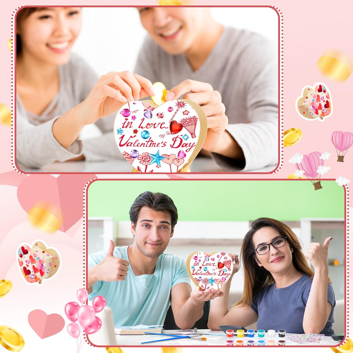 Tioncy 24 Pcs DIY Wooden Piggy Banks Unfinished Heart Shaped Wooden Piggy Coin Banks with 4 Paint Strips 4 Brushes 5 Sheets Gem Stickers Jewels for Crafts Valentine Birthday Activities Gift