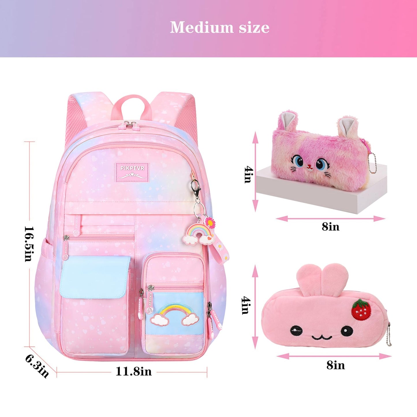 Jcobvig Rainbow Backpack For Girls Kids,Cute Student School Backpack With Pen Bag,Pink Aesthetic Starry Rainbow Laptop Travel Bag (Pink Medium 16.5in