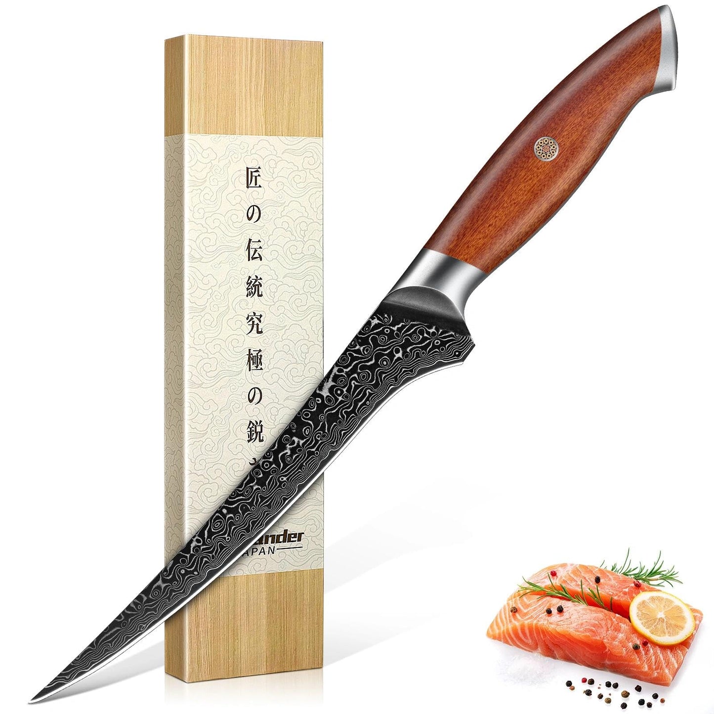 Freelander Damascus Fillet Knife 7", Razor Sharp Boning Knife for Fish, Meat & Poultry, Japanese Filet Knives with Ergonomic Wood Handle, Ideal for Skinning, Deboning & Slicing, Gift Box Included