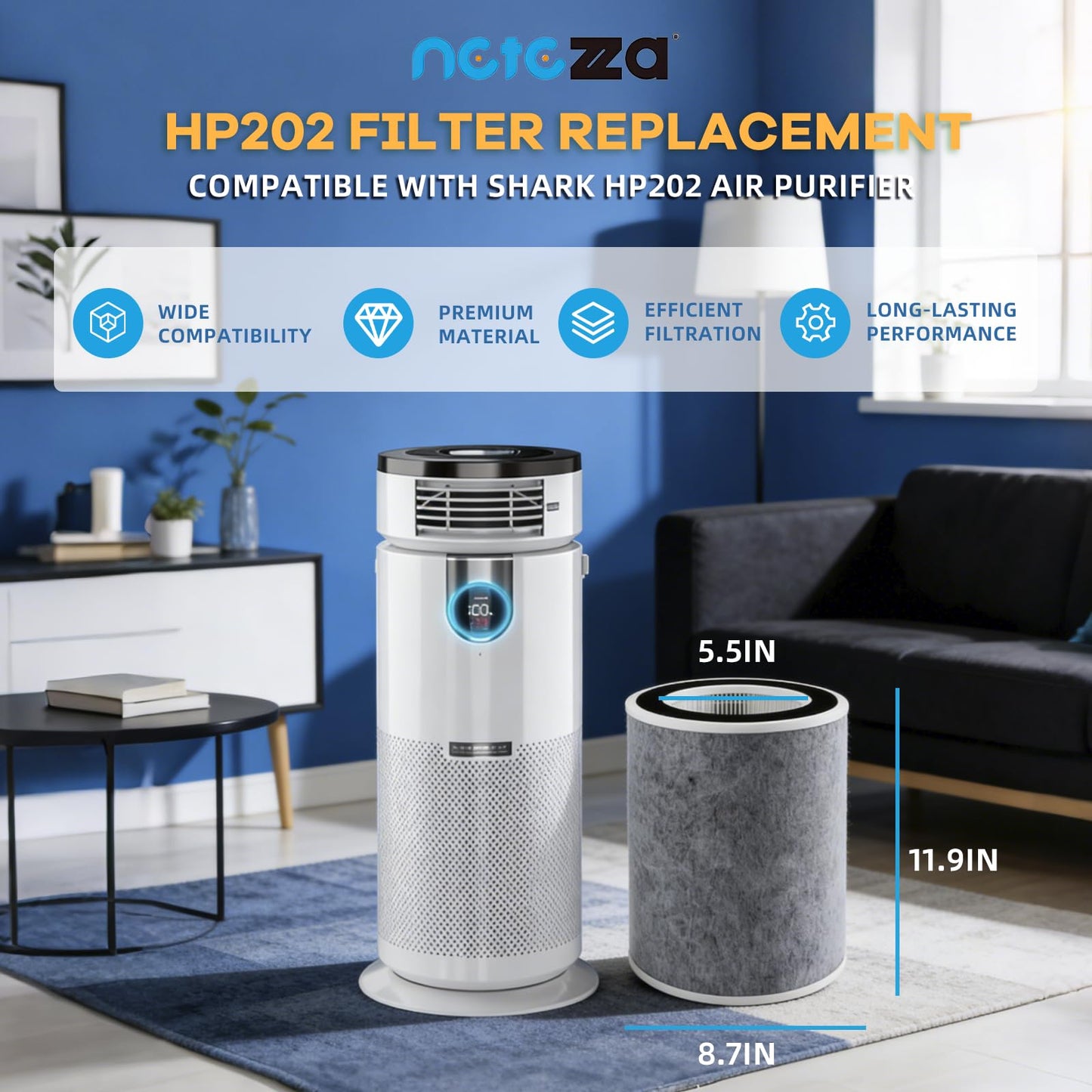 HP302 HP202 Filter Replacement Compatible with Shark HP200 HP201 HP202 HP232 HP301 HP302 AP1000 HC501 HC502 MAX Clean Sense iq Air Purifier filter, Part# HE2FKBASMB,HE2FKBAS,HE2FKPET,HE2FKPRO,2 Pack