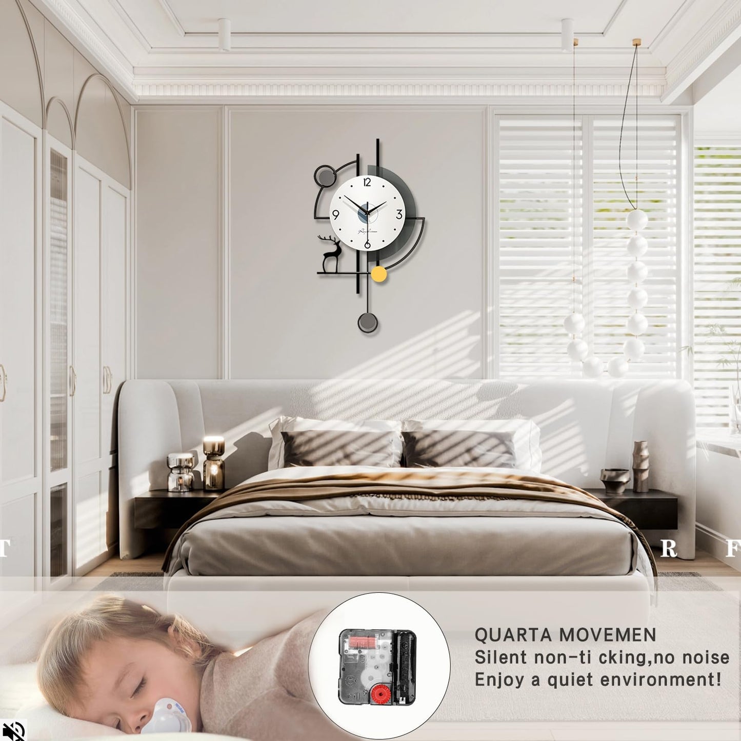 FLEBLE Extra Large Wall Clock for Living Room Decor Modern Wall Clocks Decorative Silent Battery Operated Non-Ticking for Bedroom Office Kitchen Indoor 32 inch Black Pendulum Wall Watch Clock for Home