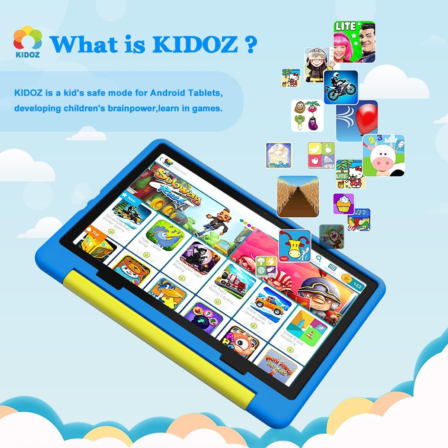 Jeazans Kids Tablet｜Upgraded Android 14 Tablet 10 inch for Kids with Protective Case｜Octa-Core｜64GB｜1TB TF Card Expandable｜Dual Camera｜Parental Control｜Pre-intalled KIDOZ｜Great Gift for Toddler(Blue)