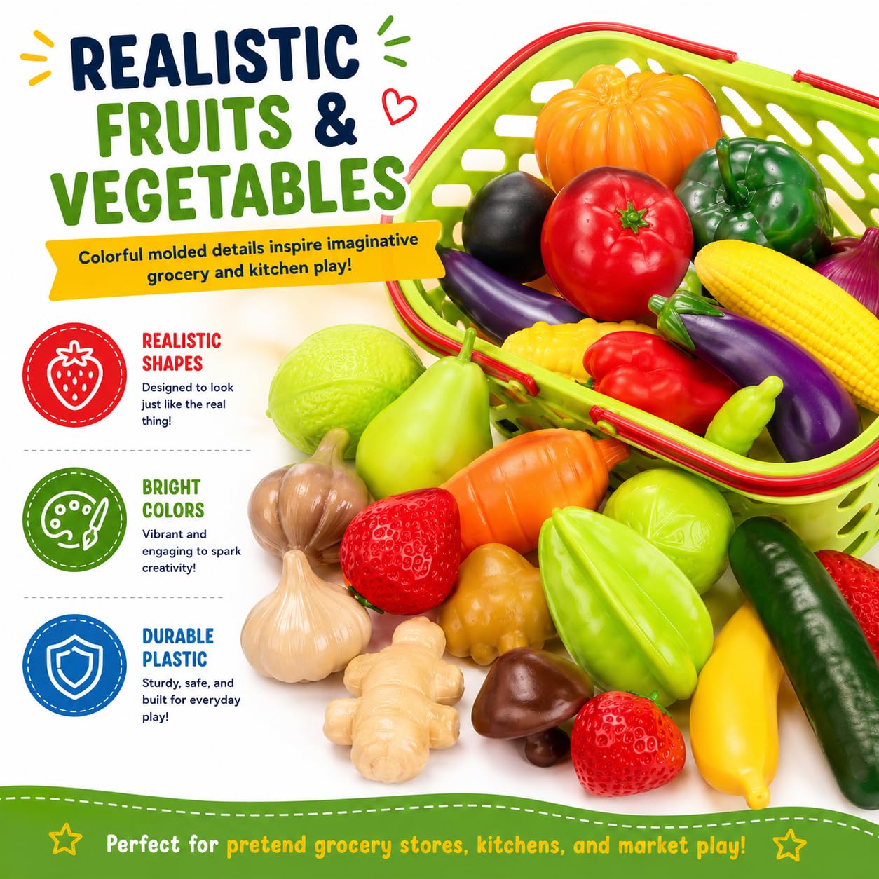 Liberty Imports Fruits and Vegetables Shopping Basket Grocery Play Food Set for Kids-38 Pieces