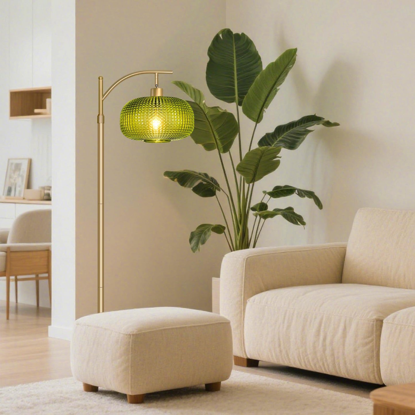 Duoled Modern Floor Lamp for Living Room, Mid Century Tall Standing Lamp Green Glass Lamp Shade, Dimmable Gold Tall Pole Lamp for Bedroom Office with Remote, 1 x 12W LED Edison Bulbs Included