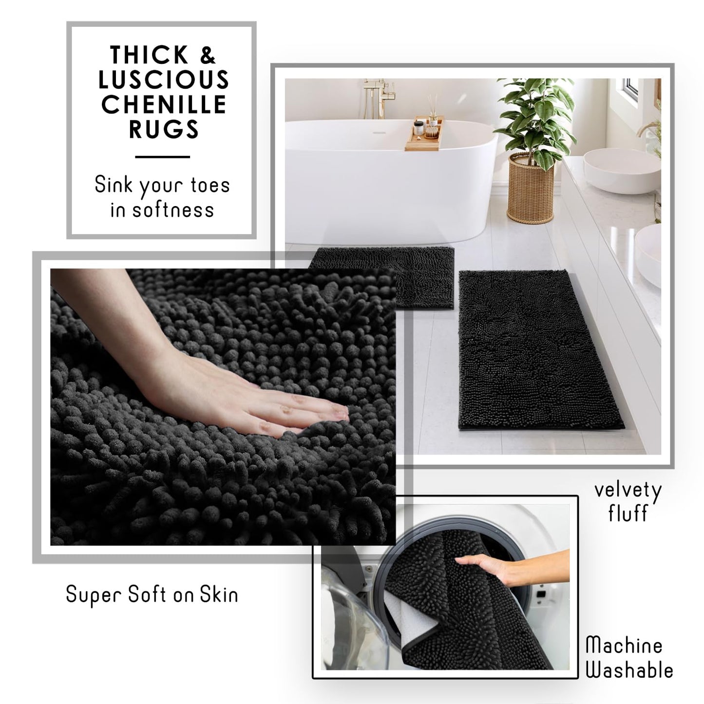 Clara Clark Bathroom Accessories Set - Bathroom Set, Bathroom Sets with Shower Curtain and Rugs, Shower Curtain Set with Bathroom Trash Can - Black - 22PC