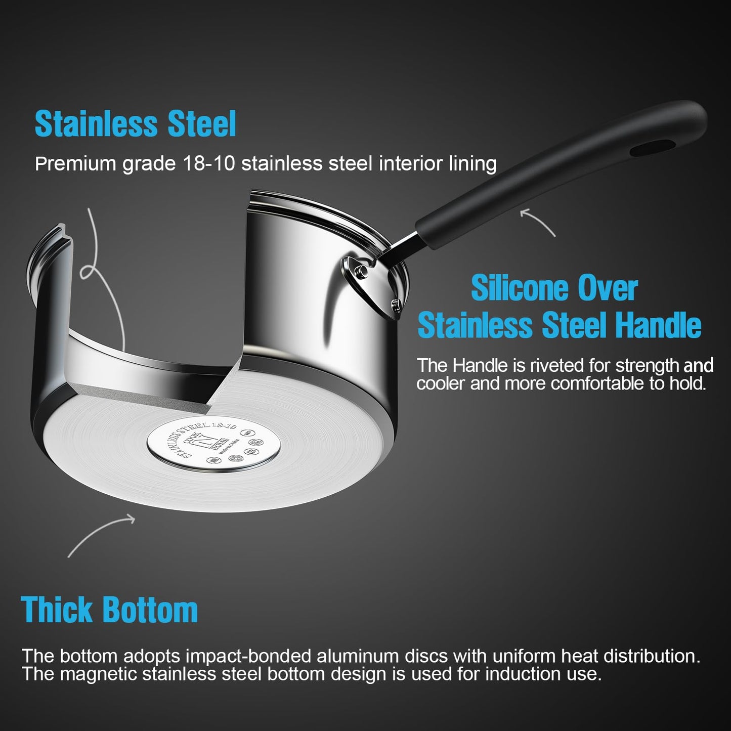 Cook N Home Professional 3 Quart Stainless Steel Saucepan with Lid, Kitchen Induction Cooking Sauce Pot Pan, Stay-Cool Silicone Handle, Dishwasher Safe