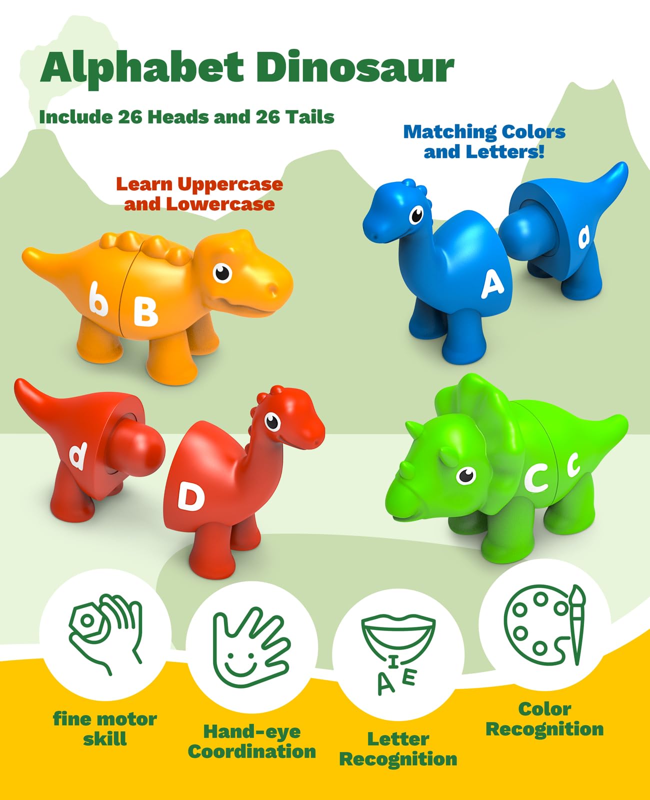 Learning Toys for 2 3 4 5 Year Old, 26PCS Dinosaur Alphabet Learning Toys with Uppercase and Lowercase,Preschool Activities Montessori Fine Motor Toys for Toddlers Kids Age 18M+ Boys Girls Gift
