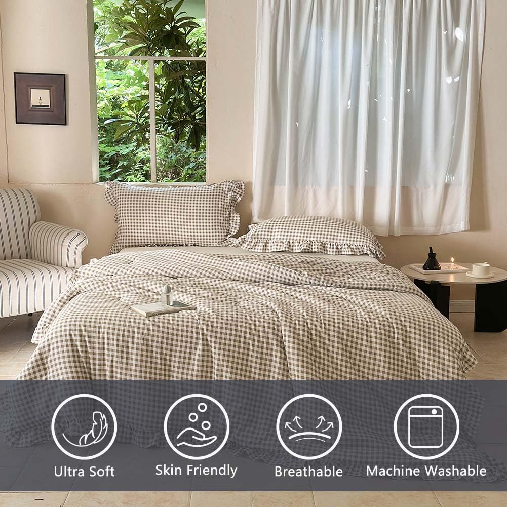 NSNLGSGC Tan Ruffle Gingham Comforter Set Queen, Pre-Washed Ruffled Taupe Plaid Checked Comforter Bedding, 3 Pieces Vintage Farmhouse Grid Bedding Set(Tan Gingham, Queen)