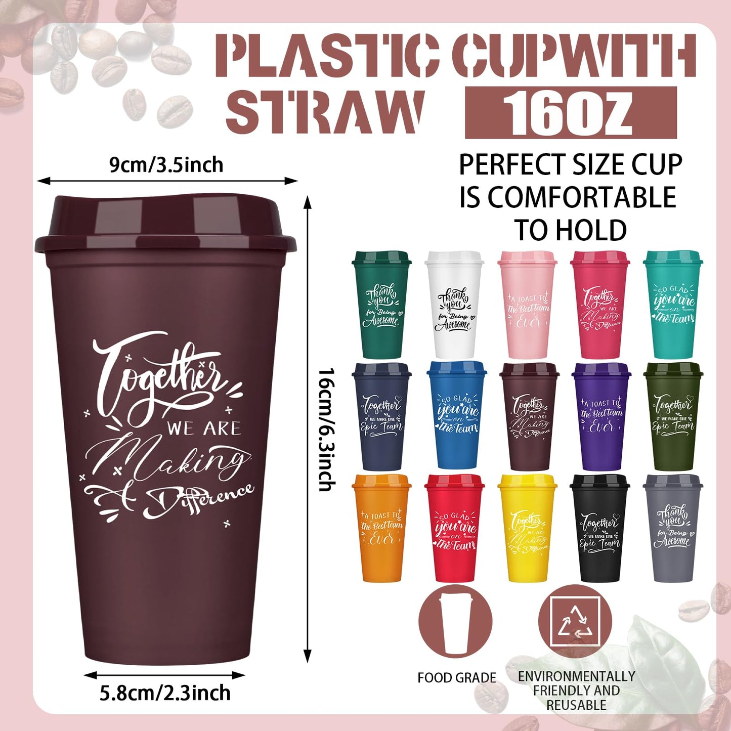 Pickmesh 60 Pcs Employee Appreciation Gift Thank You Gift for Team Building Gifts 16 oz Plastic Coffee Cup with Lid Inspirational Tumbler Travel Mug for Coworker Staff Teacher Group (Colorful)