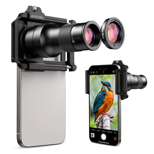 APEXEL 6X Telephoto Lens & 150mm Macro Lens, 2-in-1 Aluminum Phone Camera Lens Kit with Universal Clip. Phone Lens Attachment Fit for iPhone 16/15/14/13, Samsung, Android Phone and Most Smartphone.