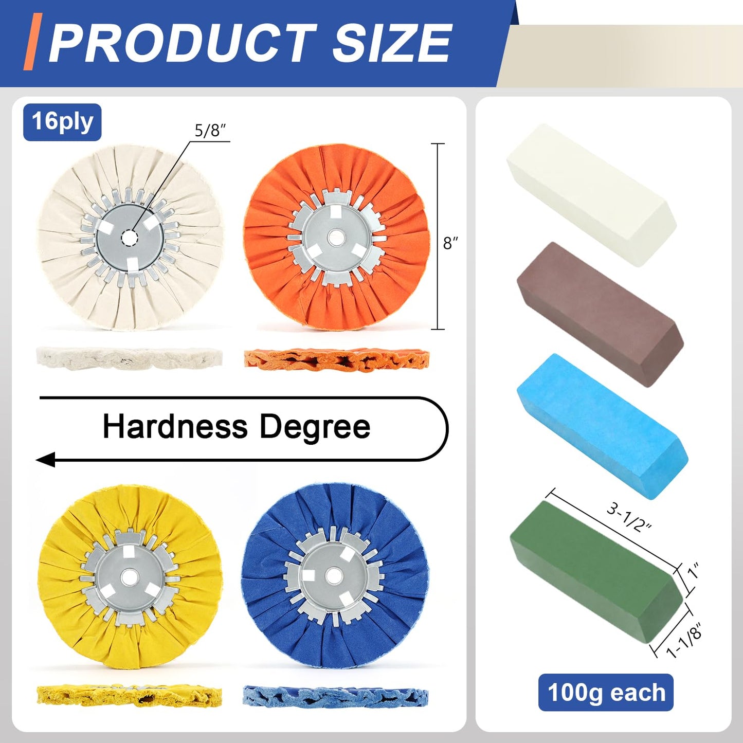 QZATTCAEN 8 Pcs Airway Buffing Wheel Kit 8 Inch Polishing Wheel and Polishing Compound for Angle Grinder 8" in Diameter 5/8" in Arbor Hole Aluminum Metal Buffing Wheels Kit