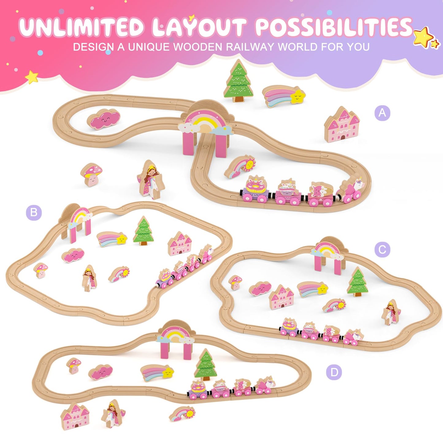 Wooden Train Set, Pink Unicorn Magnetic Train Set for Toddler 3-6, Wooden Train Track, Toddler Princess Toys for 3 4 5 6 Year Old Girl Birthday Gifts