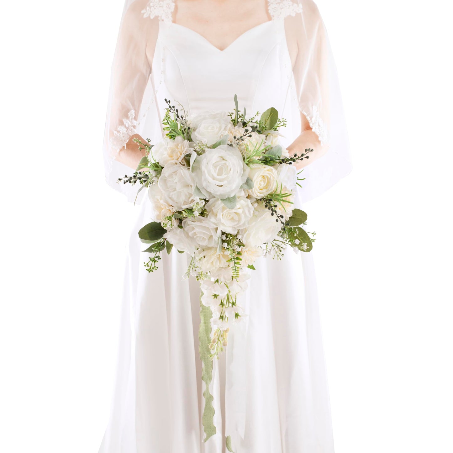 Floinla 12 Inch Cascade Wedding Bouquets for Bride, Ivory & Champagne Cascading Bridal Bouquet for Wedding Silk Artificial Flowers