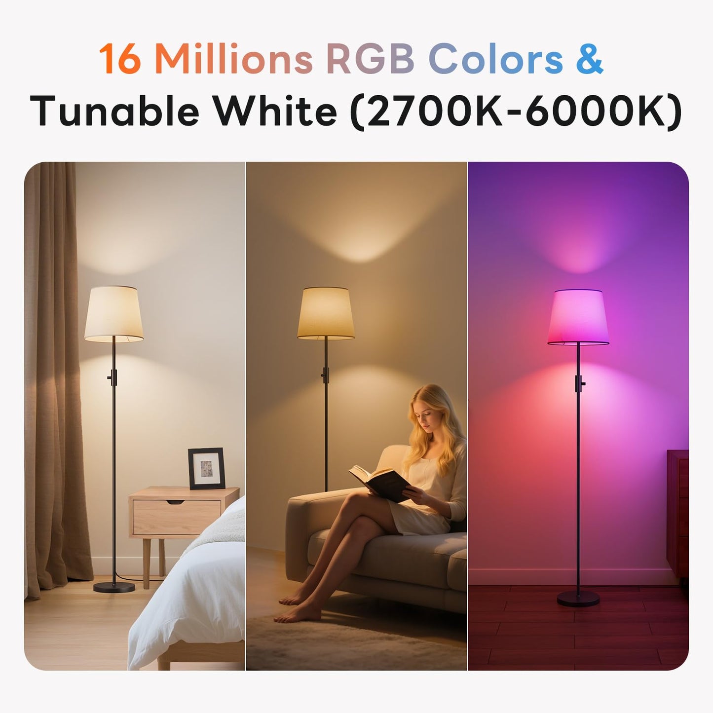 VARICART Smart LED Floor Lamp for Living Room, 62" Tall Lamp with App & Alexa Voice Control, RGB + 2700K-6000K Tunable White, 10W 1200lm 1%-100% Dimmable, Linen Shade, No Registration Required, Black